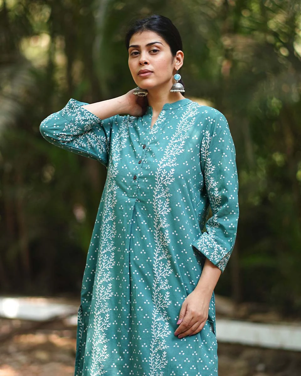 Bliss of Babyâ€™s Breath Teal Green Block Printed Kurti - MMG - Image 4