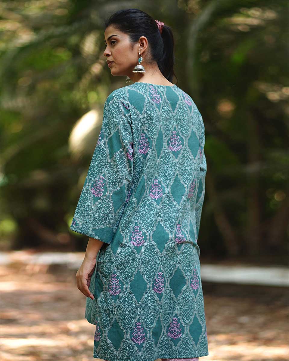 Bliss of Babyâ€™s Breath Teal Green Block Printed Kurti - MMG - Image 6