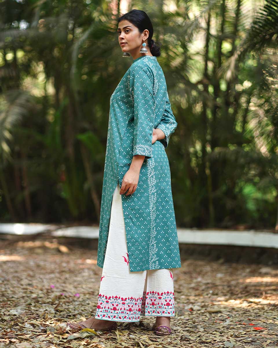 Bliss of Babyâ€™s Breath Teal Green Block Printed Kurti - MMG - Image 7