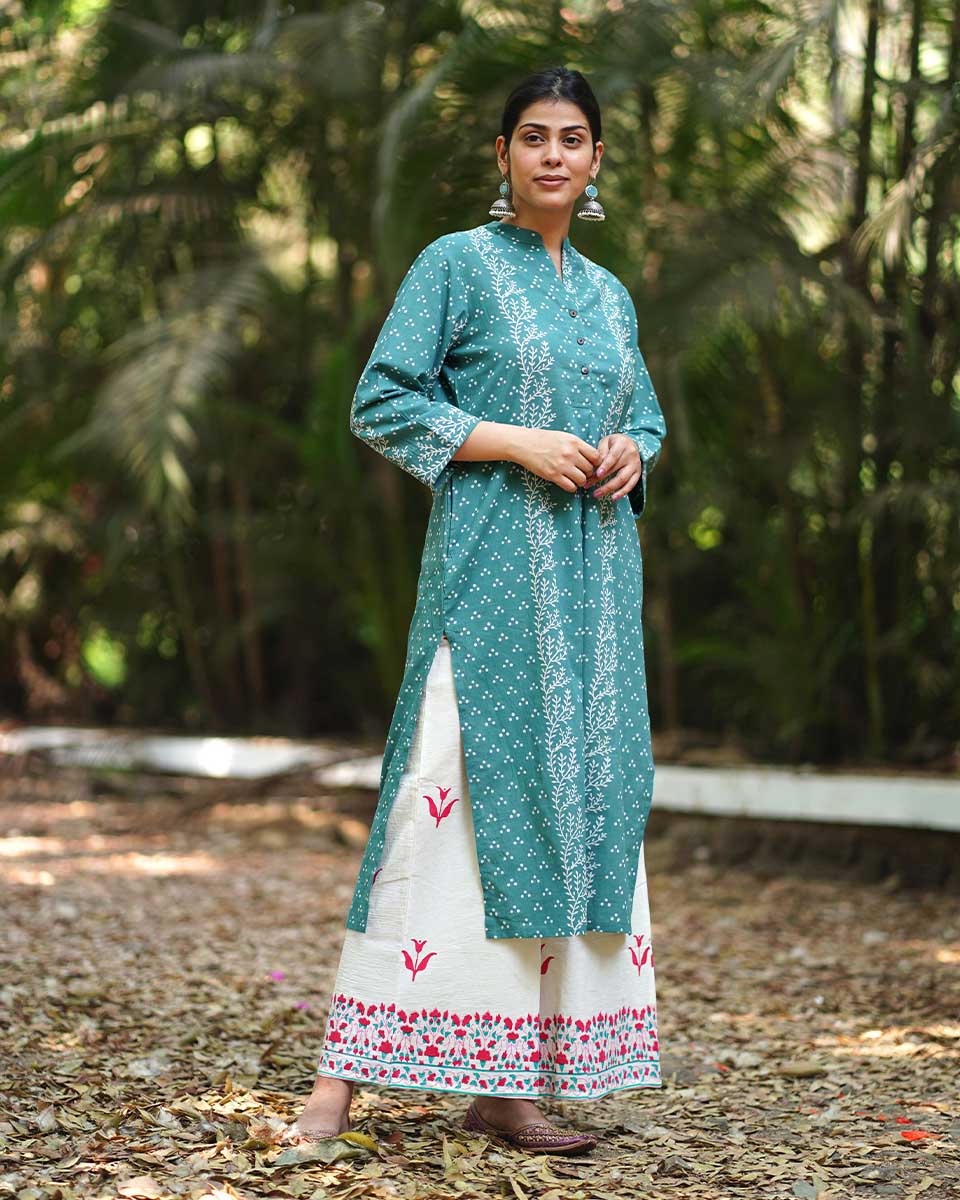 Bliss of Babyâ€™s Breath Teal Green Block Printed Kurti - MMG - Image 8