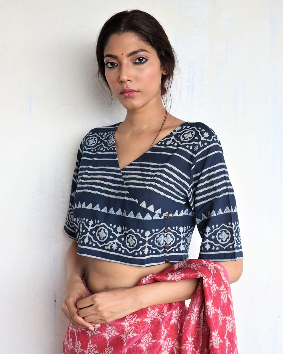 Blue Angarakha Handprinted Cotton Crop Top Blouse - God - Image 2