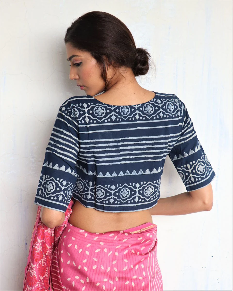Blue Angarakha Handprinted Cotton Crop Top Blouse - God - Image 4