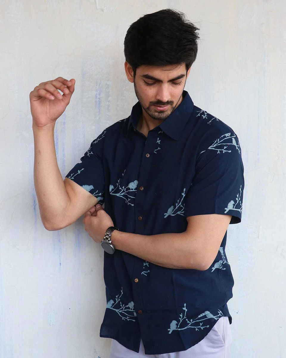 Blue Bird On Branch Block-Printed Men'S Shirt - Image 2