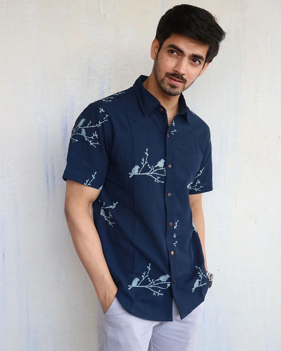 Blue Bird On Branch Block-Printed Men'S Shirt - Image 5