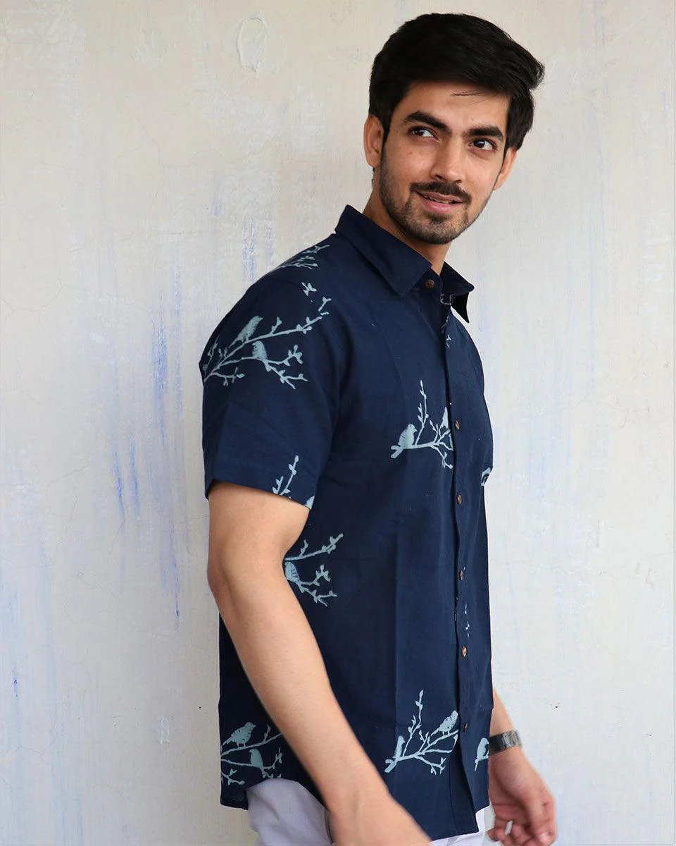Blue Bird On Branch Block-Printed Men'S Shirt - Image 7