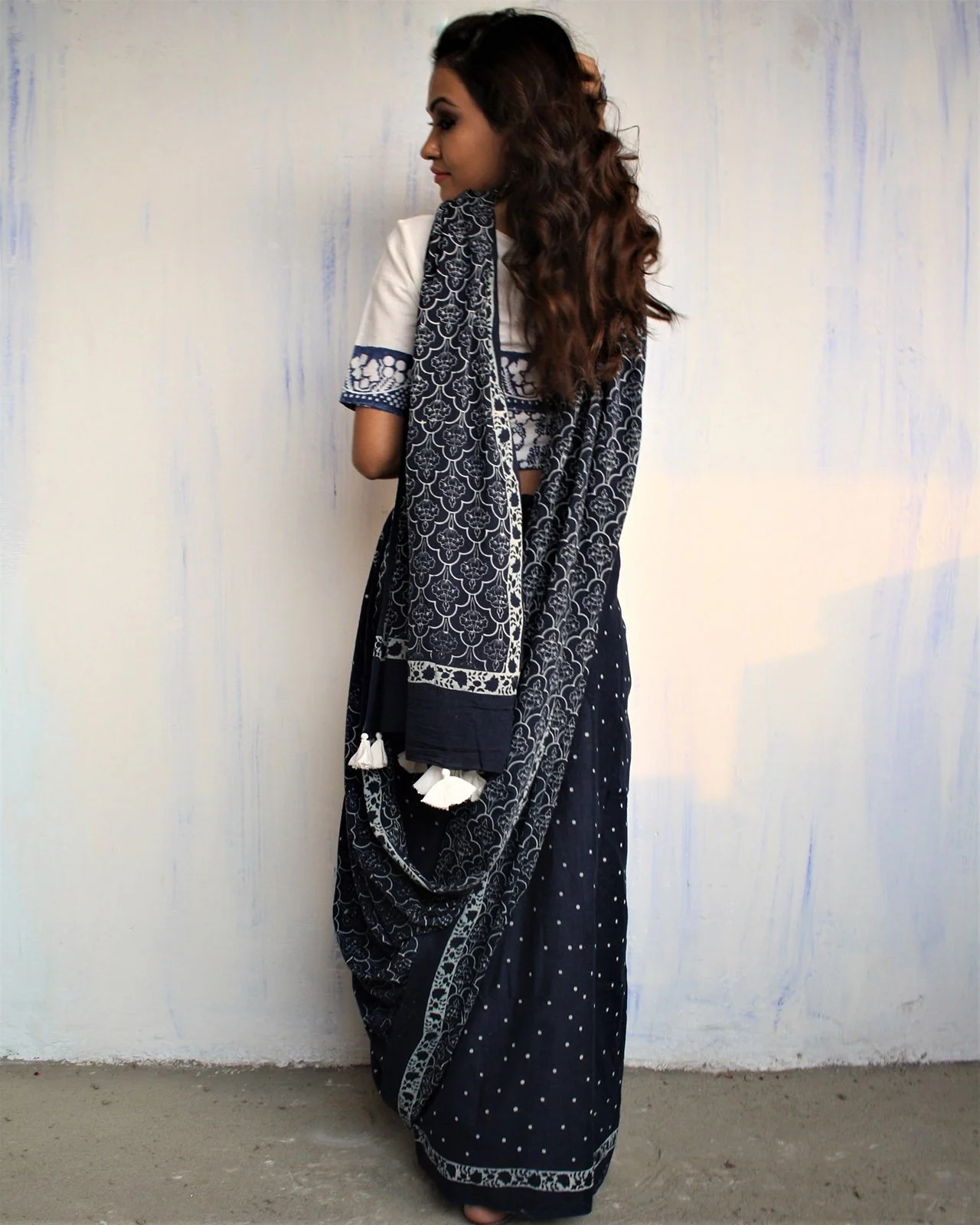 Blue Block Printed Cotton Mul Saree - Image 2