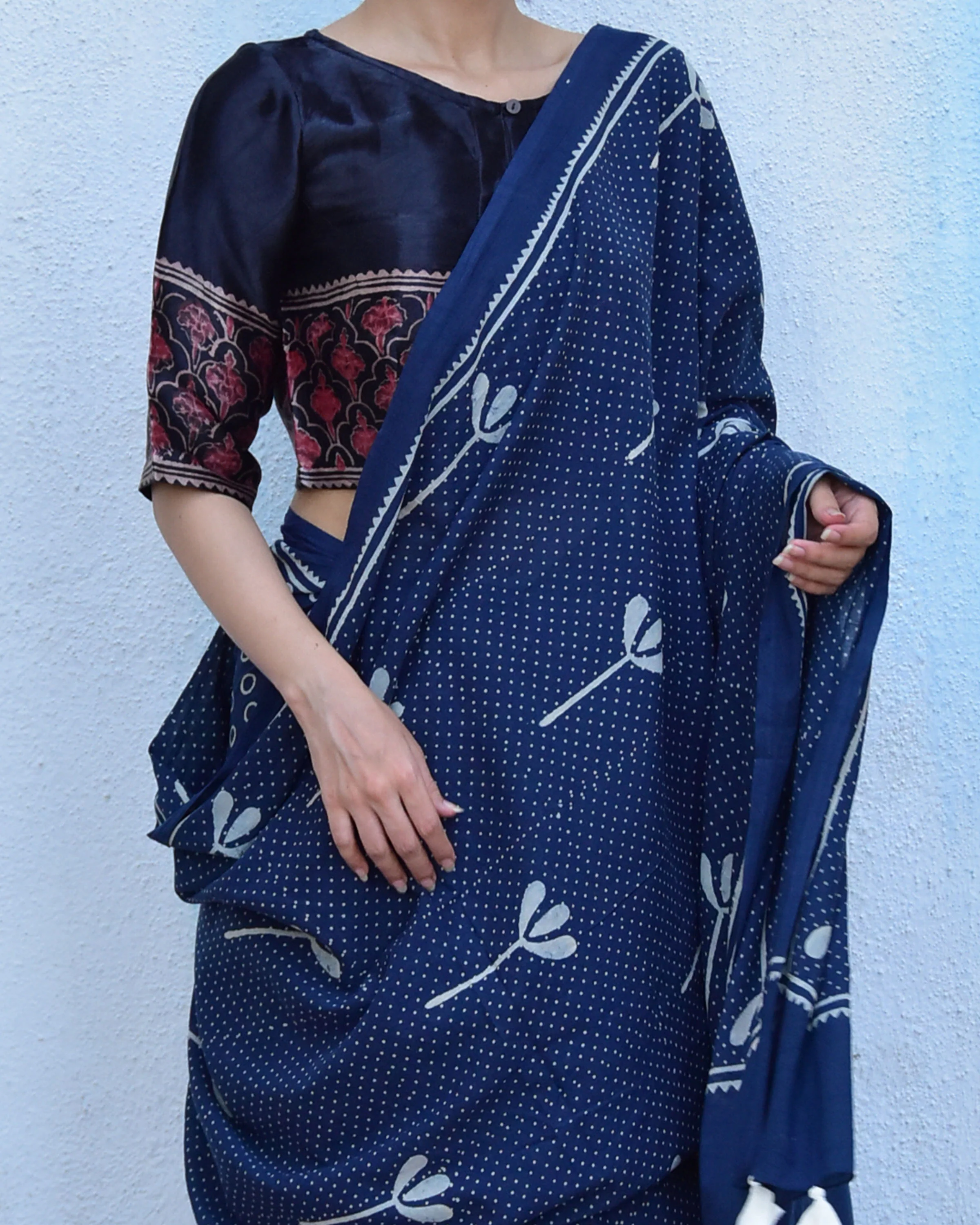 Blue Floret Hand Blockprinted Cotton Saree - Image 10