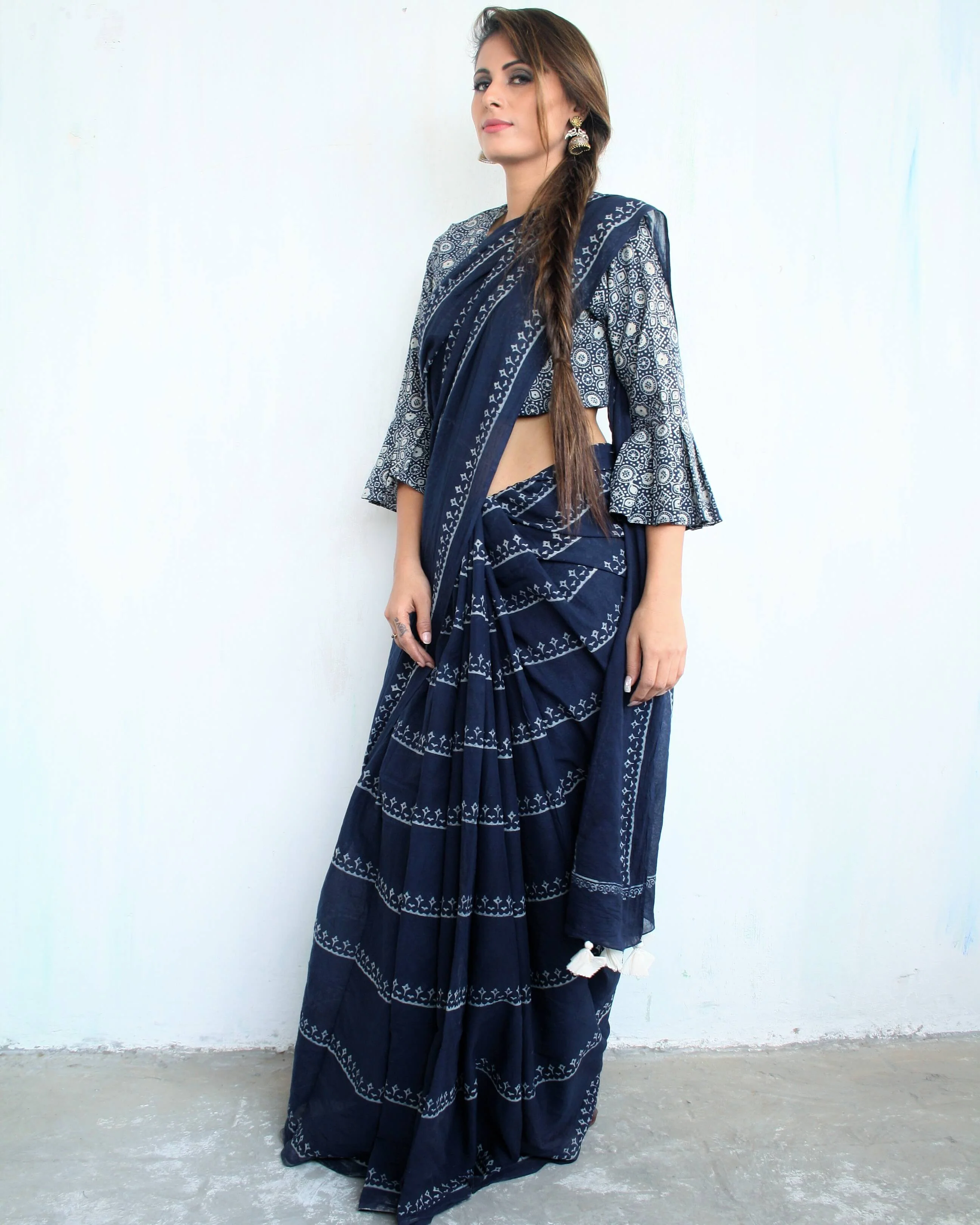 Indigo Daze Hand Blockprinted Cotton Saree - Image 2