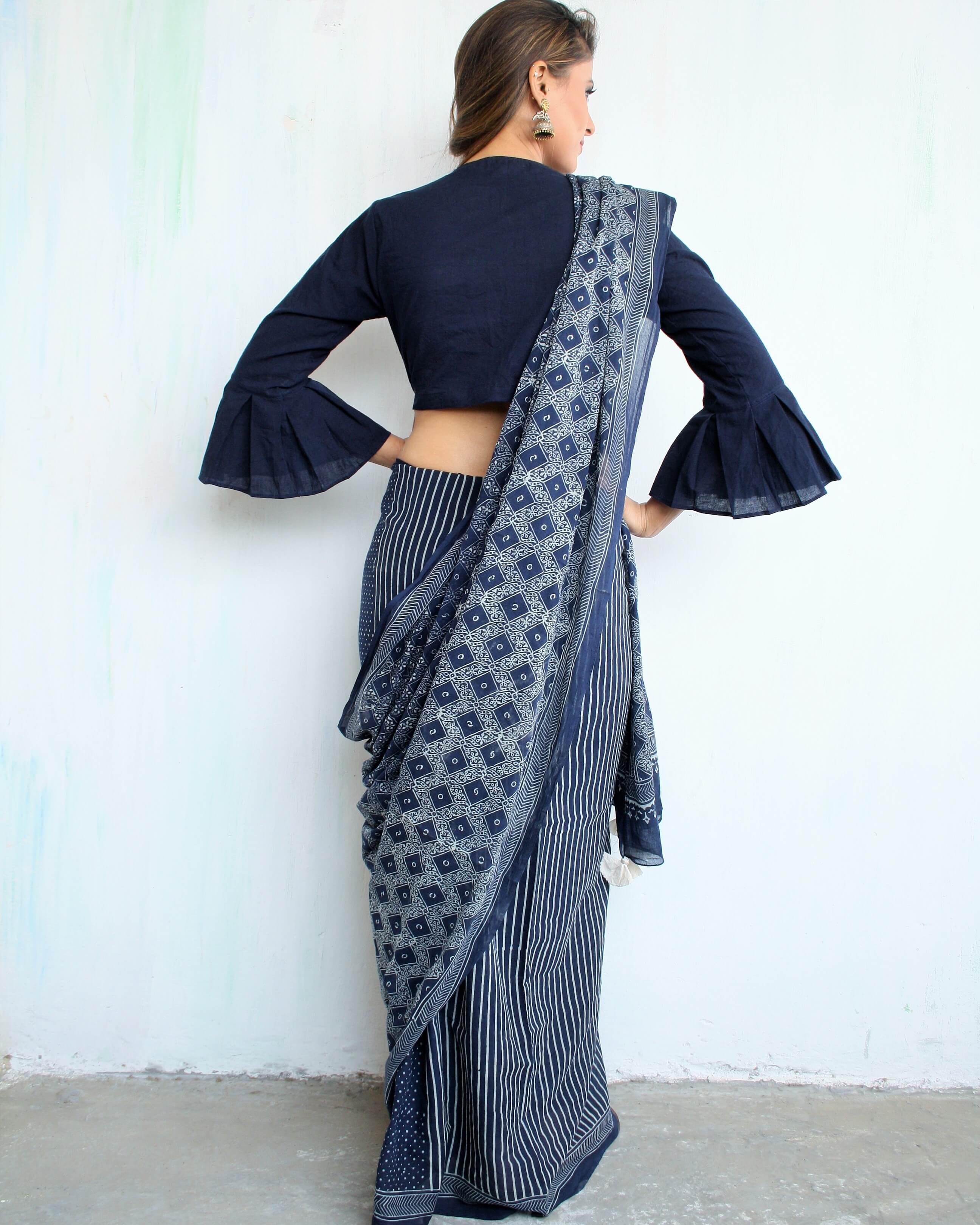 Indigo Glory Handblockprinted Cotton Saree - Image 4