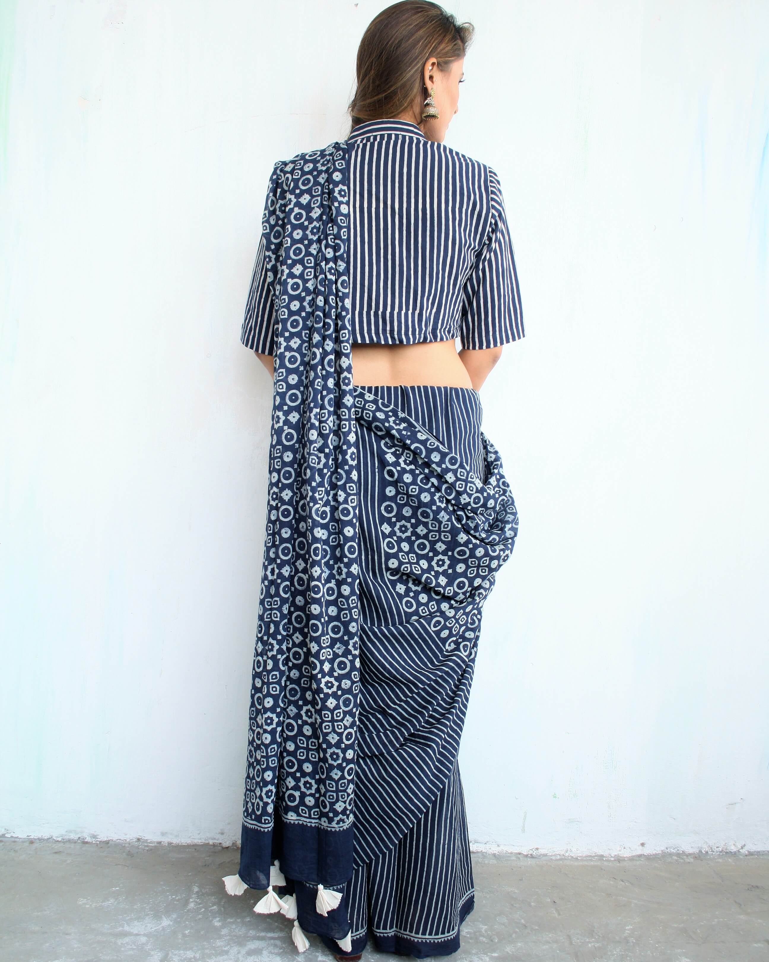 Indigo Charm Handblockprinted Cotton Saree - Image 3