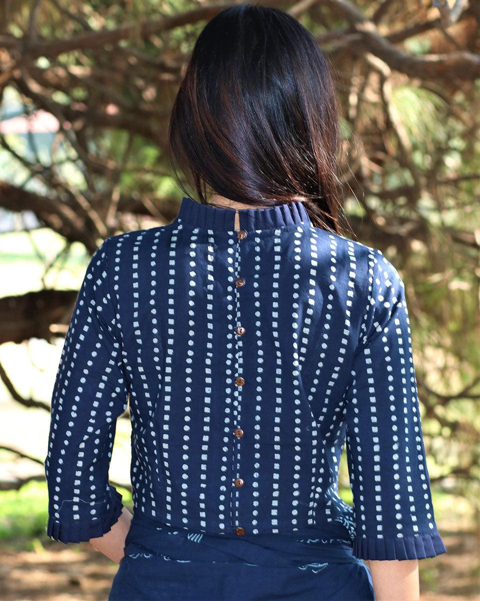 Blue Blockprinted Cotton Crop Top With Frills - Image 3
