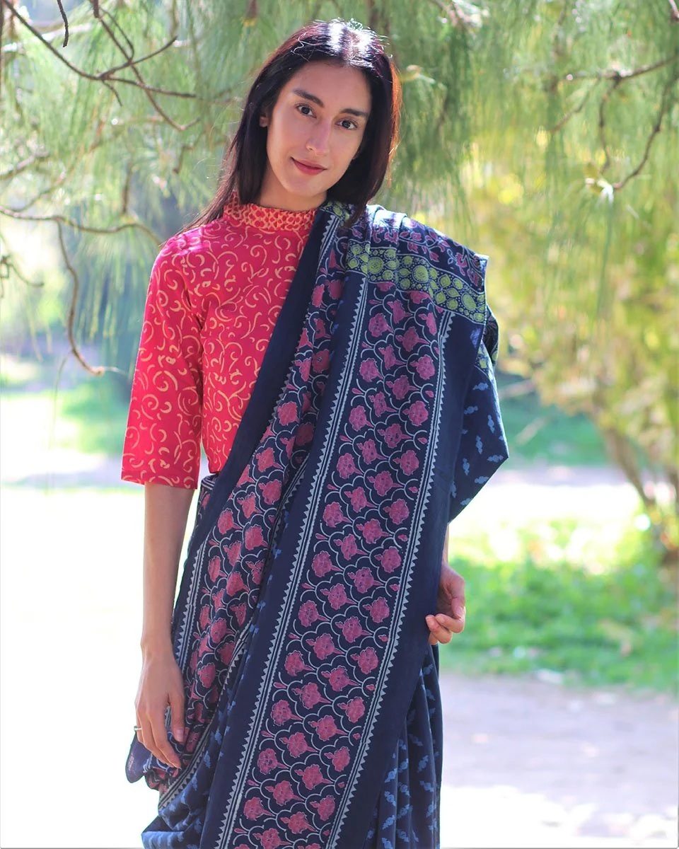Blue Blockprinted Cotton Mul Saree - Image 2