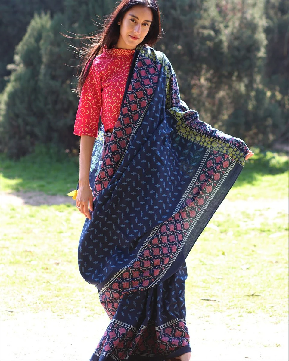 Blue Blockprinted Cotton Mul Saree - Image 5