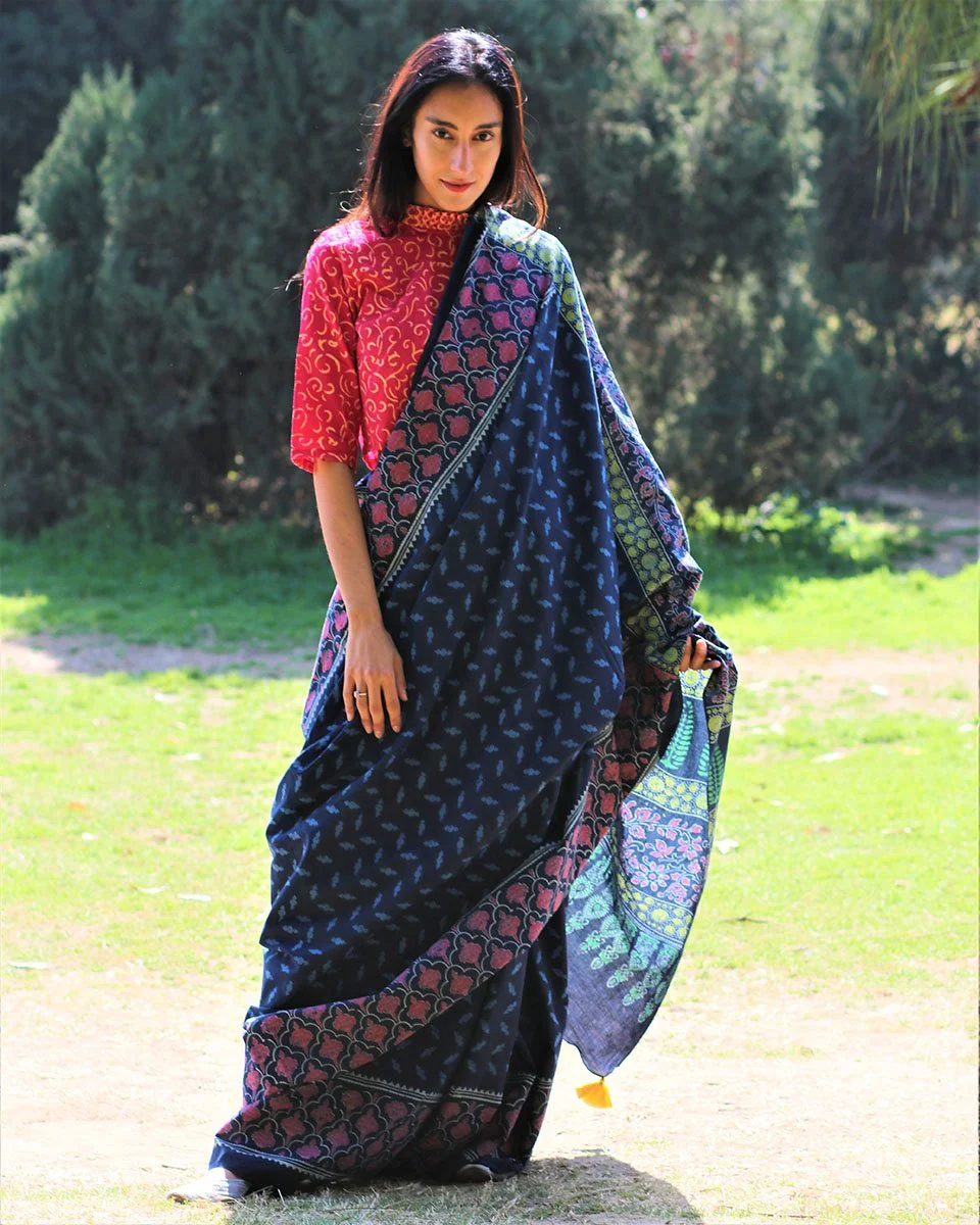 Blue Blockprinted Cotton Mul Saree - Image 6