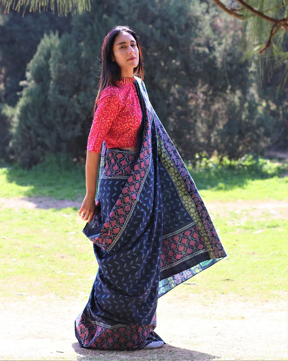 Blue Blockprinted Cotton Mul Saree - Image 8