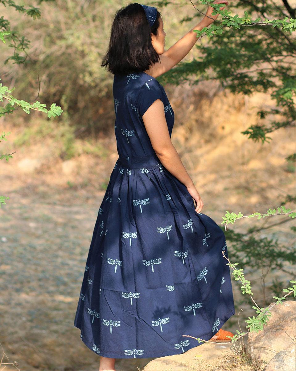 Blue Blockprinted Dragonfly Cotton Dress-Moh - Image 10