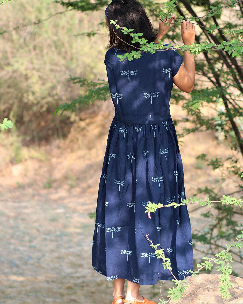 Blue Blockprinted Dragonfly Cotton Dress-Moh - Image 11