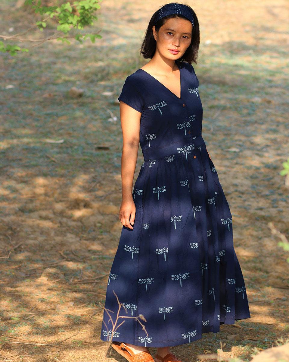Blue Blockprinted Dragonfly Cotton Dress-Moh - Image 5