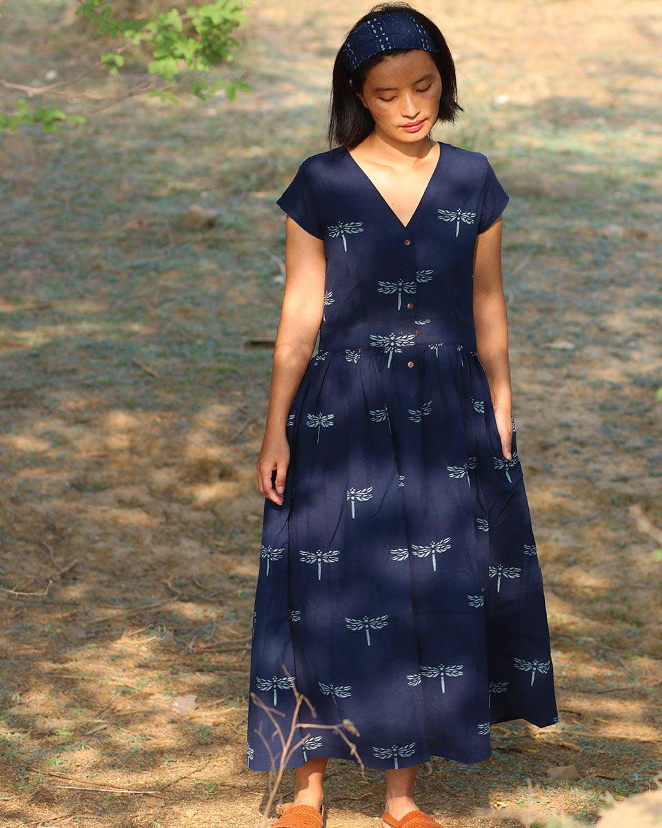 Blue Blockprinted Dragonfly Cotton Dress-Moh - Image 6
