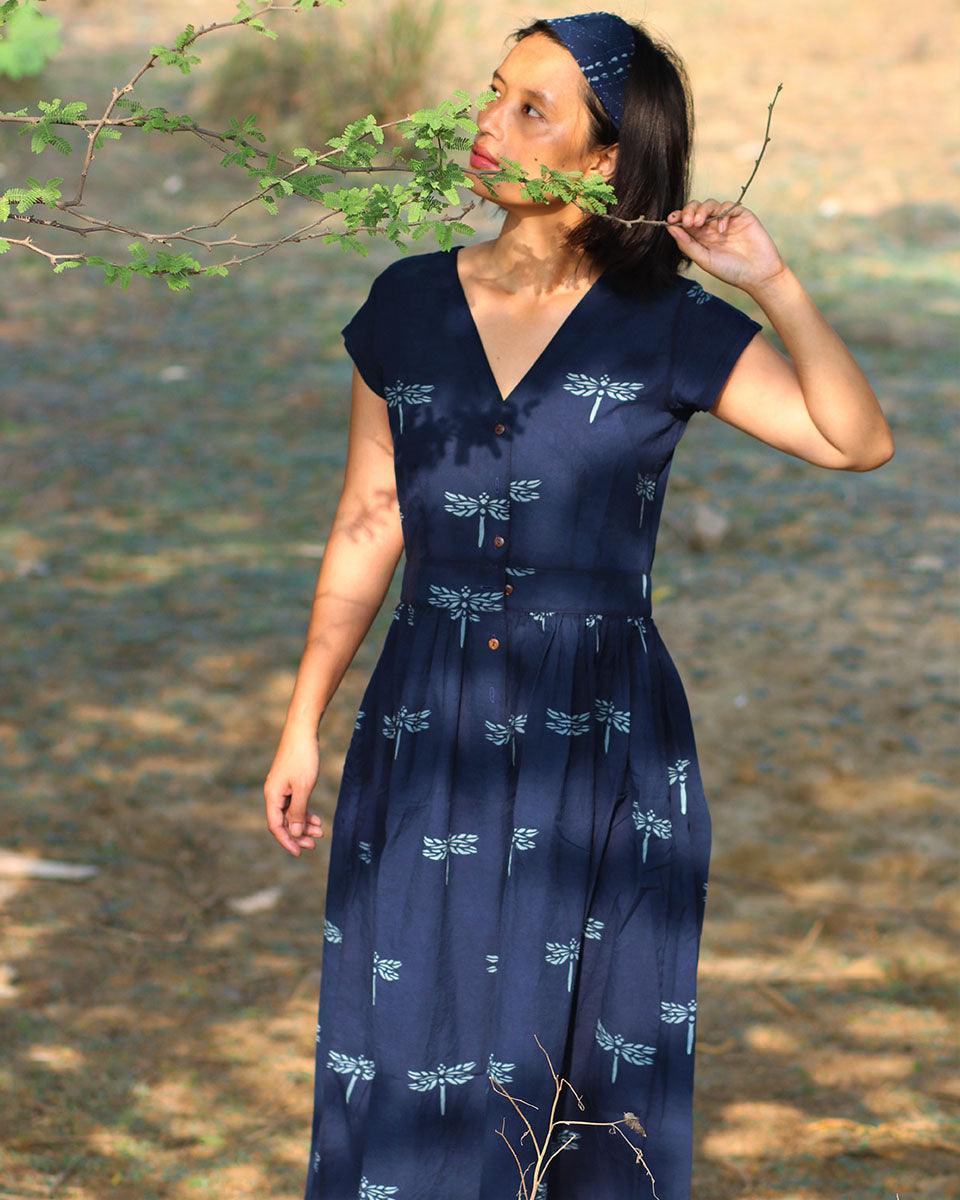 Blue Blockprinted Dragonfly Cotton Dress-Moh - Image 8