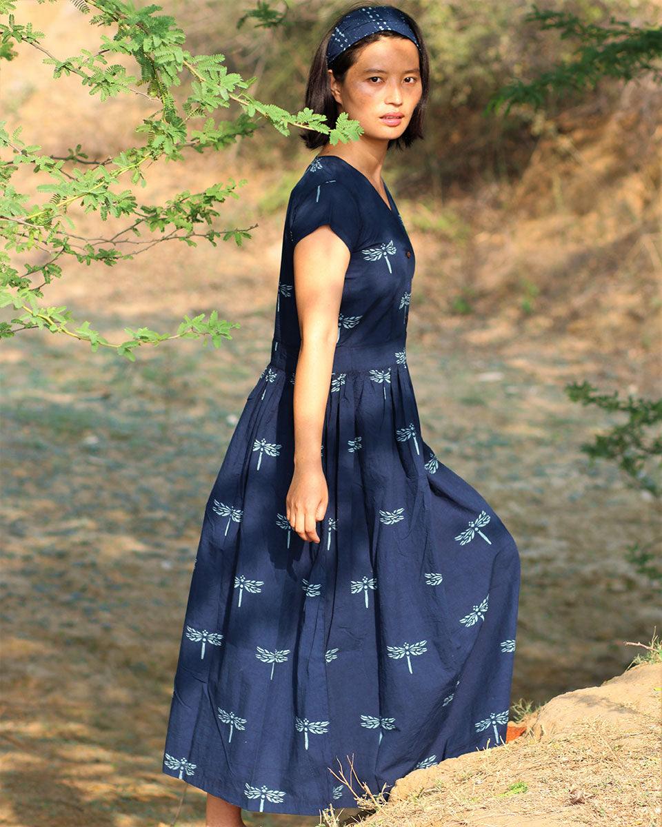 Blue Blockprinted Dragonfly Cotton Dress-Moh - Image 9