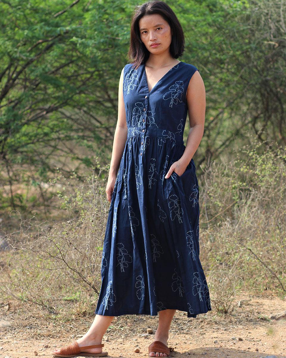 Blue Blockprinted Cotton Dress-Moh