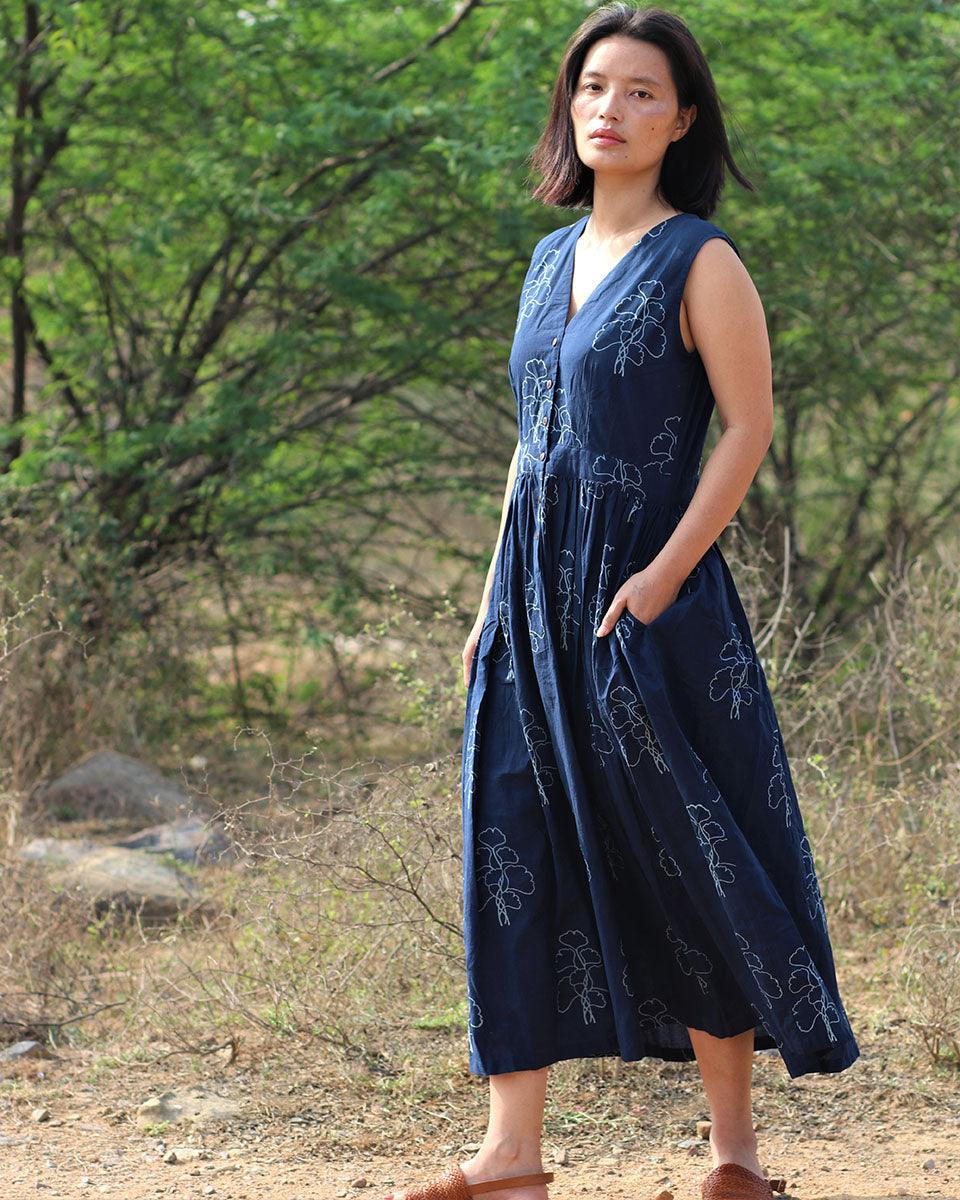 Blue Blockprinted Cotton Dress-Moh - Image 2