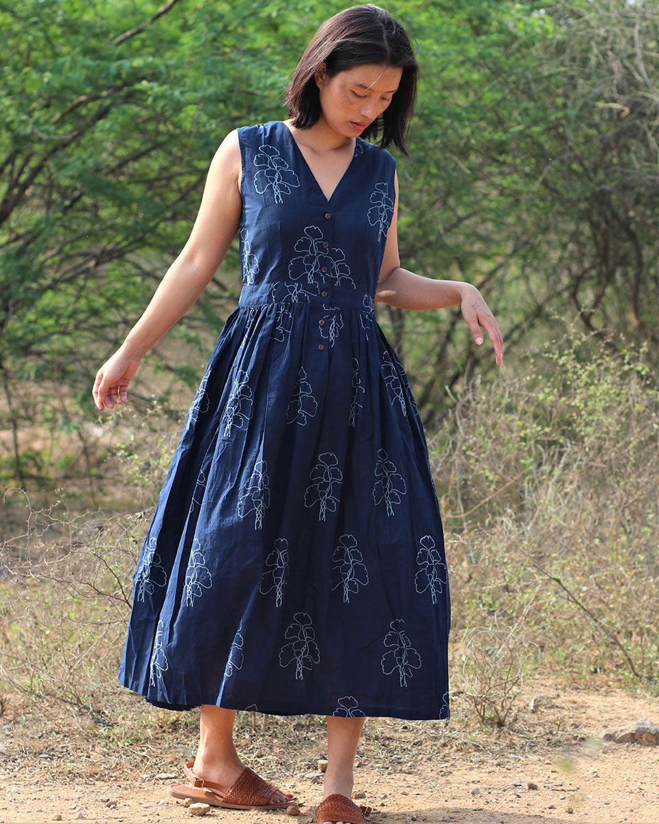 Blue Blockprinted Cotton Dress-Moh - Image 6