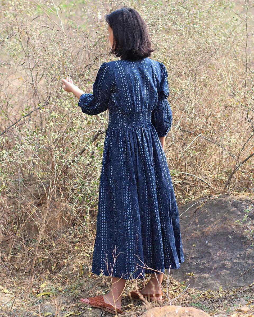 Blue Blockprinted Jal Cotton Dress-Moh - Image 4
