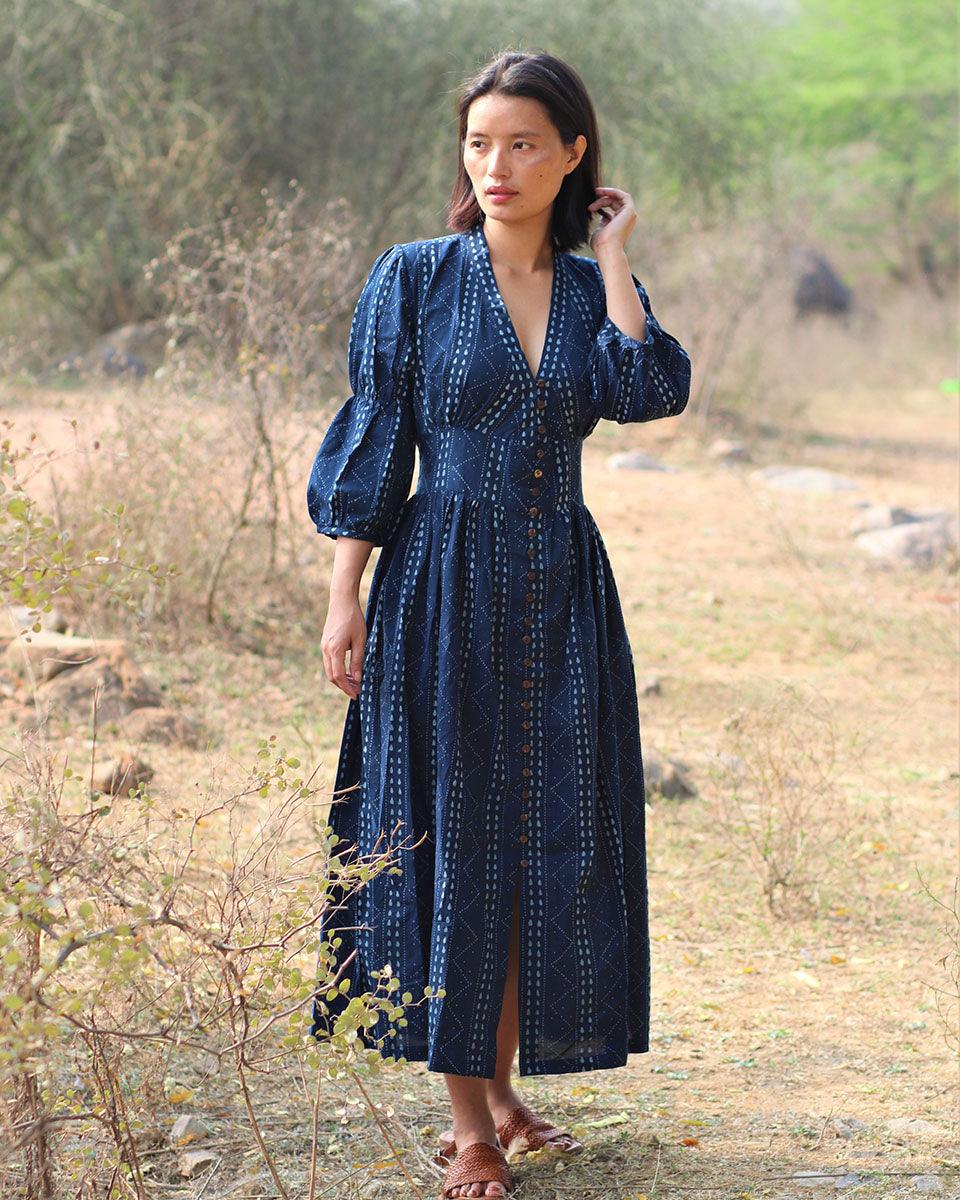 Blue Blockprinted Jal Cotton Dress-Moh - Image 5