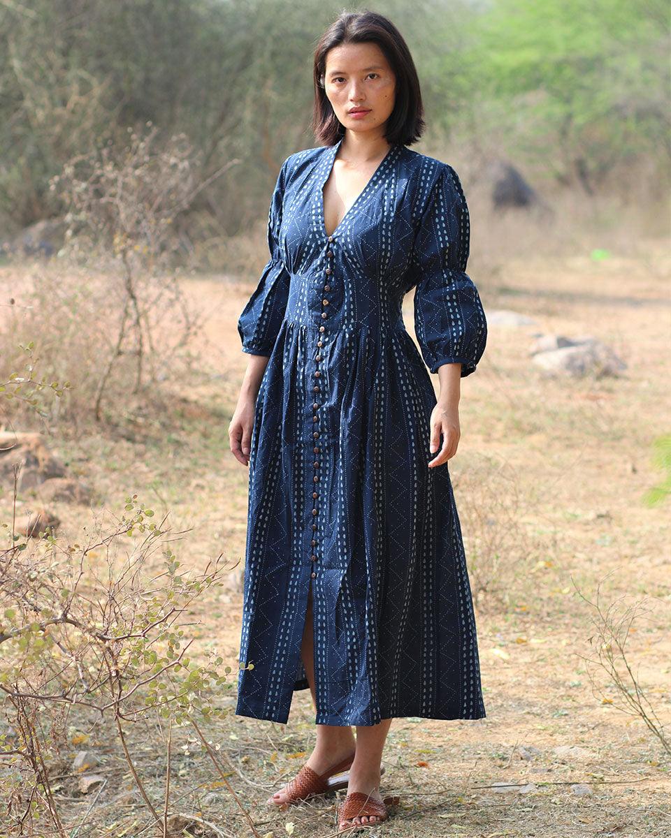 Blue Blockprinted Jal Cotton Dress-Moh - Image 7