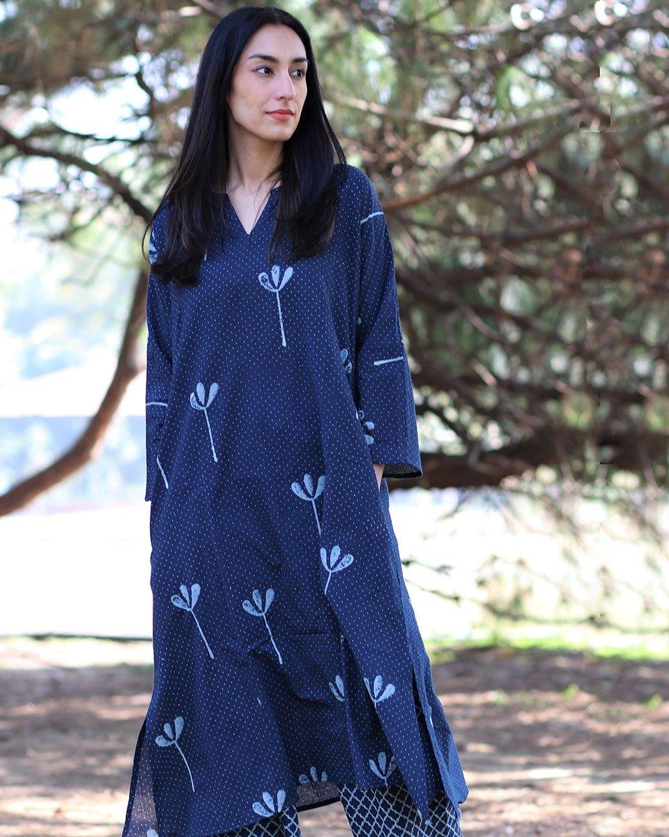 Blue Block printed Cotton Kurta With Palazzo (Set Of 2)