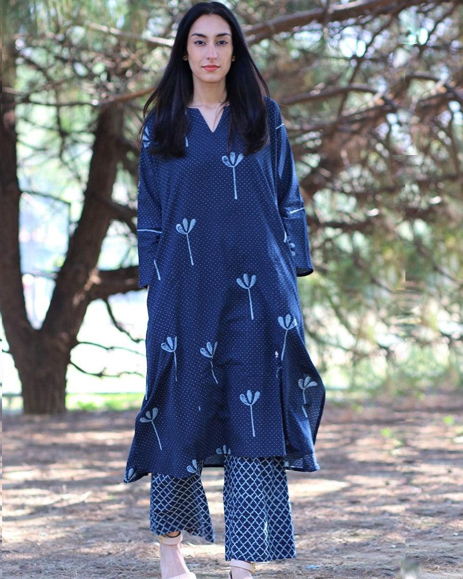 Blue Block printed Cotton Kurta With Palazzo (Set Of 2) - Image 5