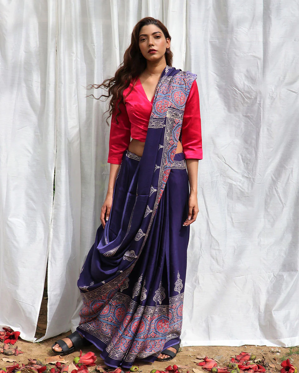 Blue Modal Silk Blockprinted Saree - Kite - Image 2