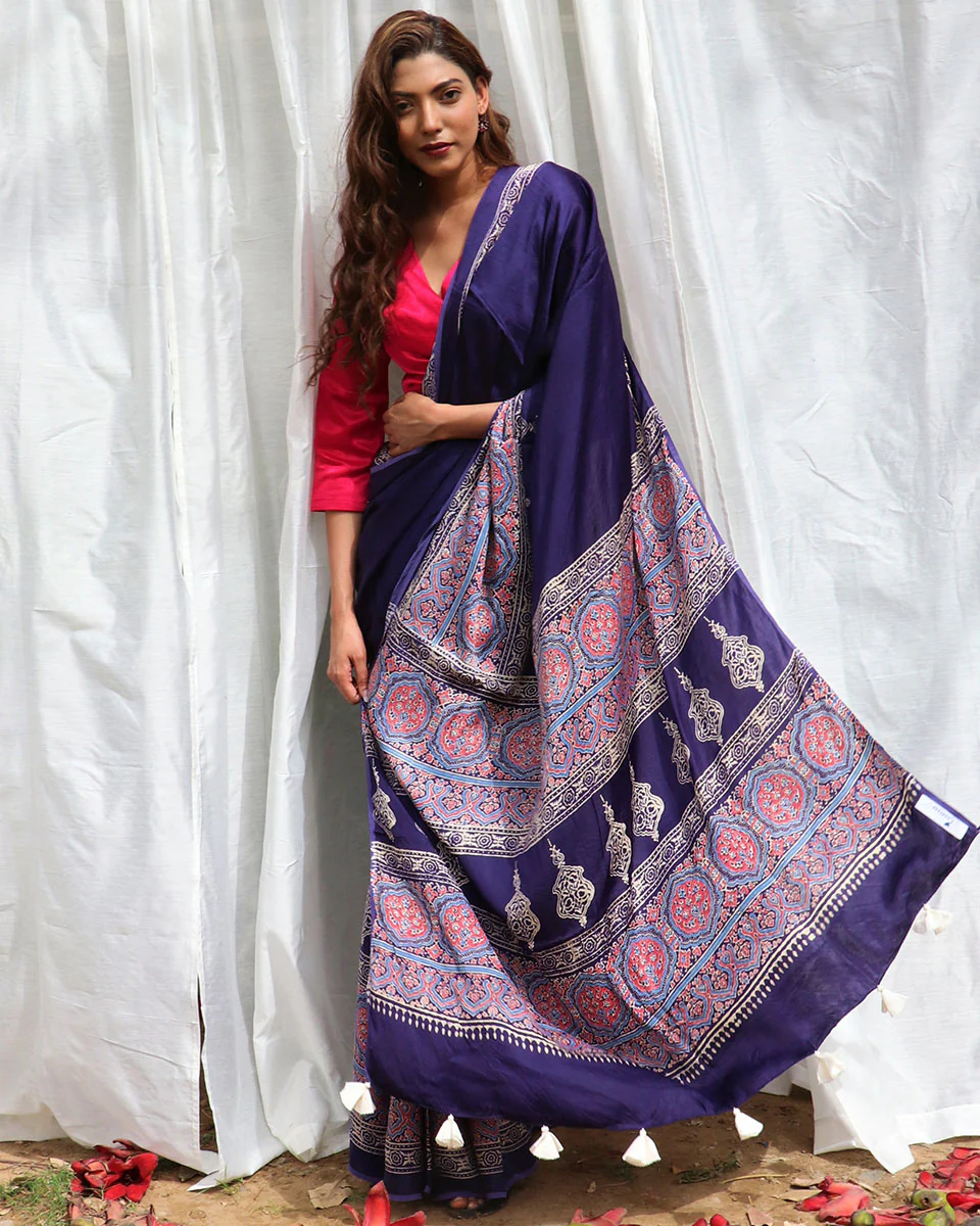 Blue Modal Silk Blockprinted Saree - Kite - Image 4
