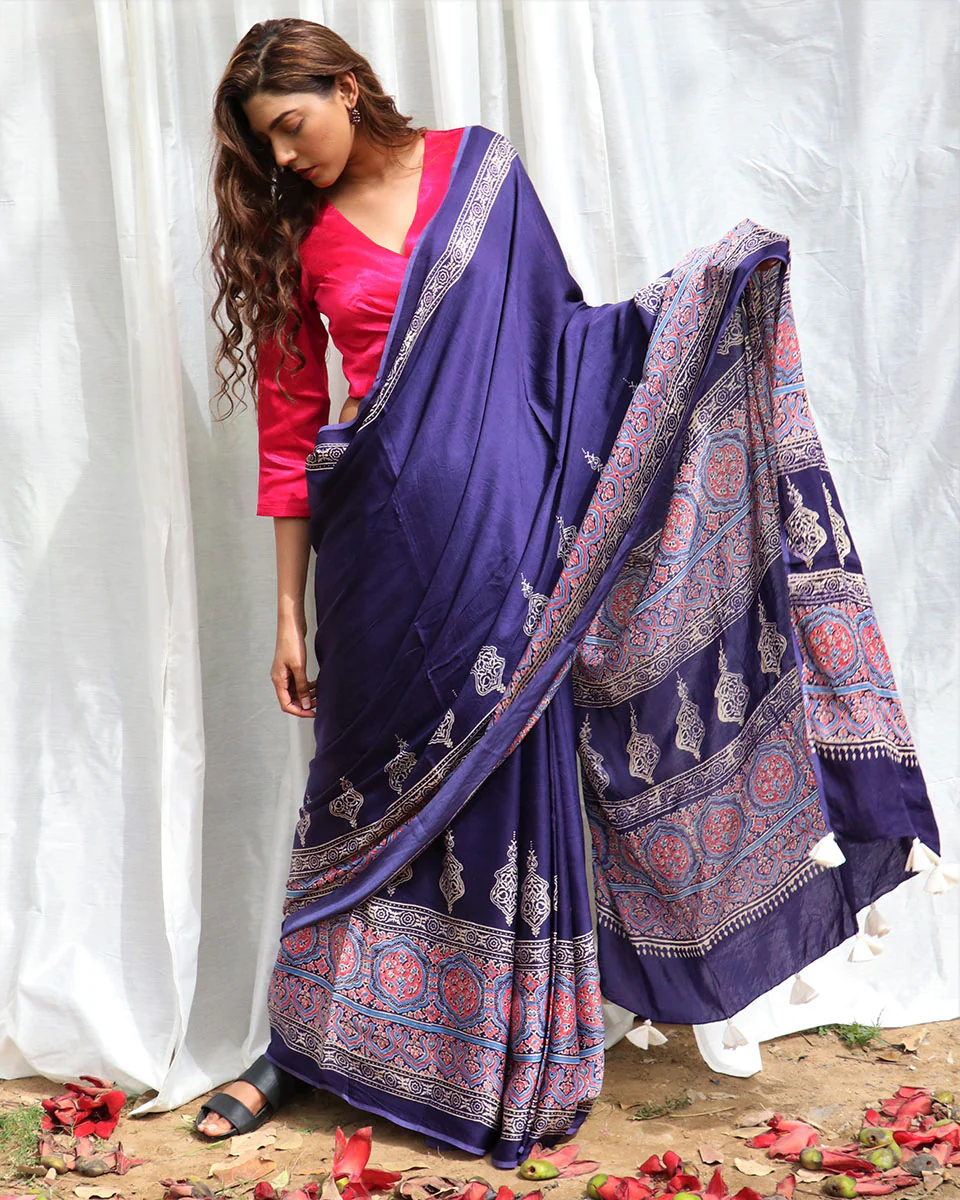Blue Modal Silk Blockprinted Saree - Kite - Image 5