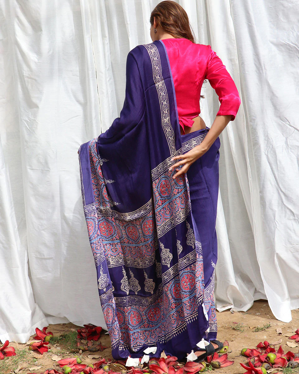 Blue Modal Silk Blockprinted Saree - Kite - Image 7