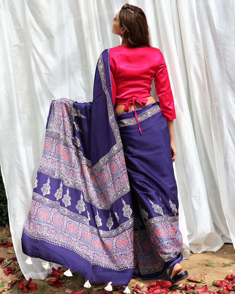 Blue Modal Silk Blockprinted Saree - Kite - Image 8
