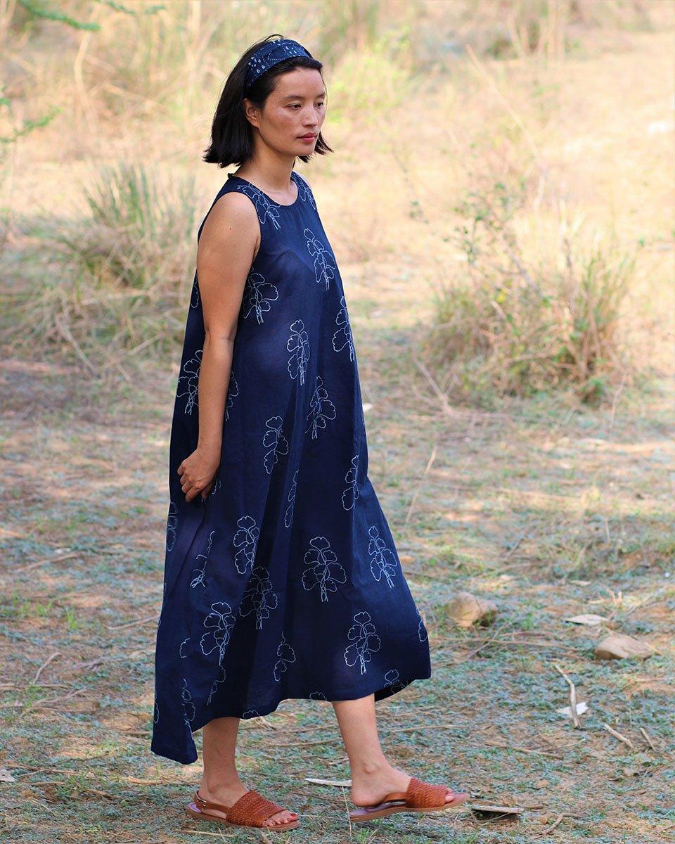 Blue Blockprinted Wildflower Cotton Dress-Moh - Image 2