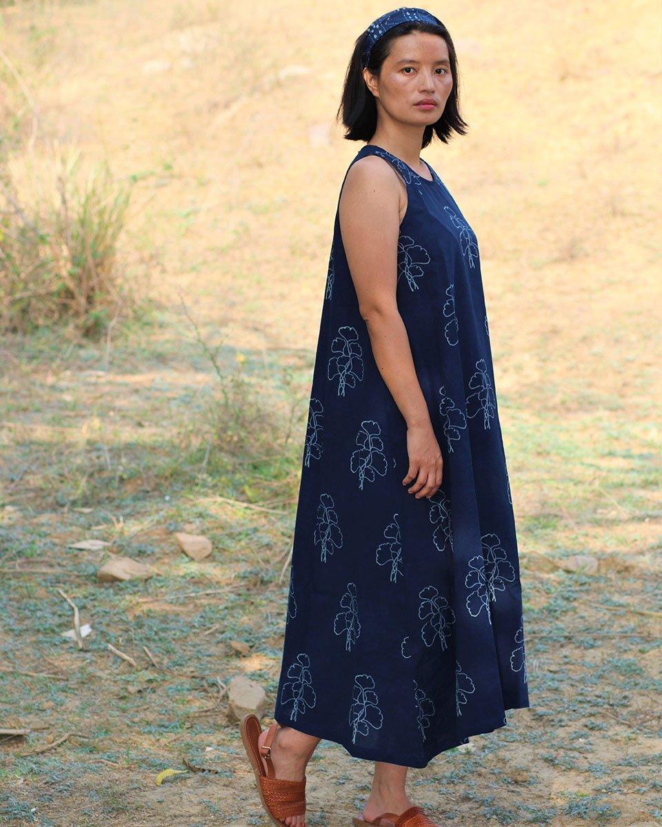 Blue Blockprinted Wildflower Cotton Dress-Moh - Image 4