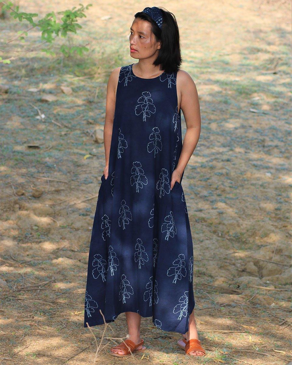 Blue Blockprinted Wildflower Cotton Dress-Moh - Image 5