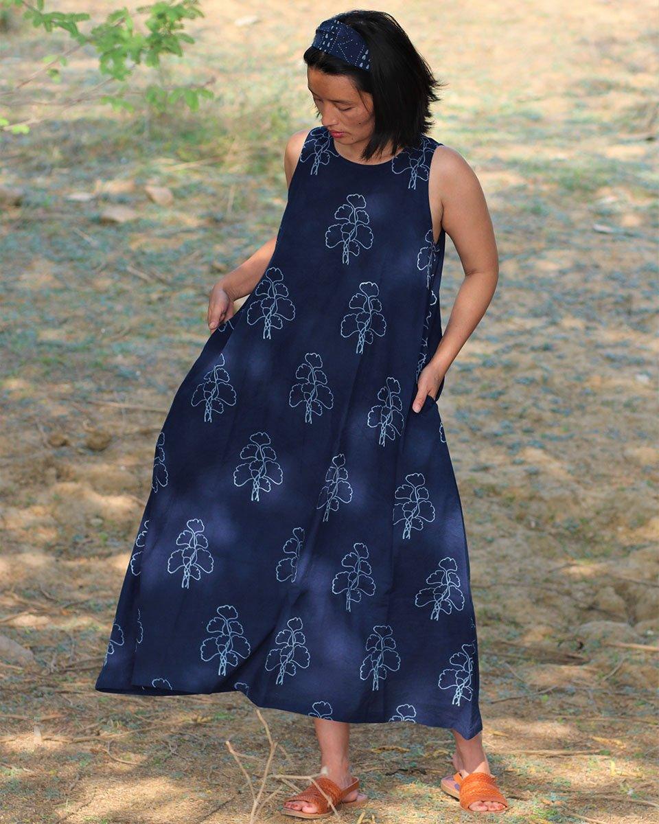 Blue Blockprinted Wildflower Cotton Dress-Moh - Image 6