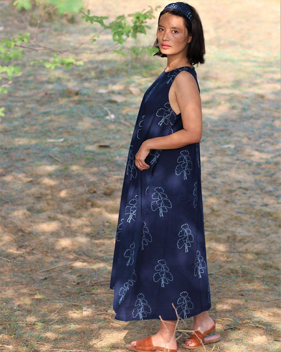 Blue Blockprinted Wildflower Cotton Dress-Moh - Image 7