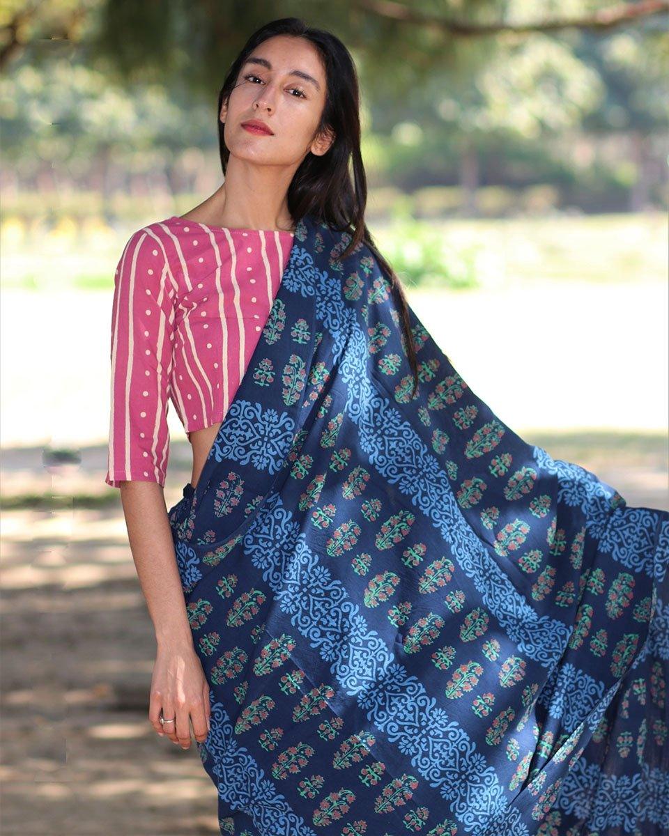 Blue Check And Floral Hand Blockprinted Cotton Mul Saree - Image 6