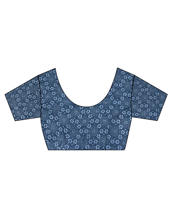 Blue Check And Floral Hand Blockprinted Cotton Mul Saree - Image 7