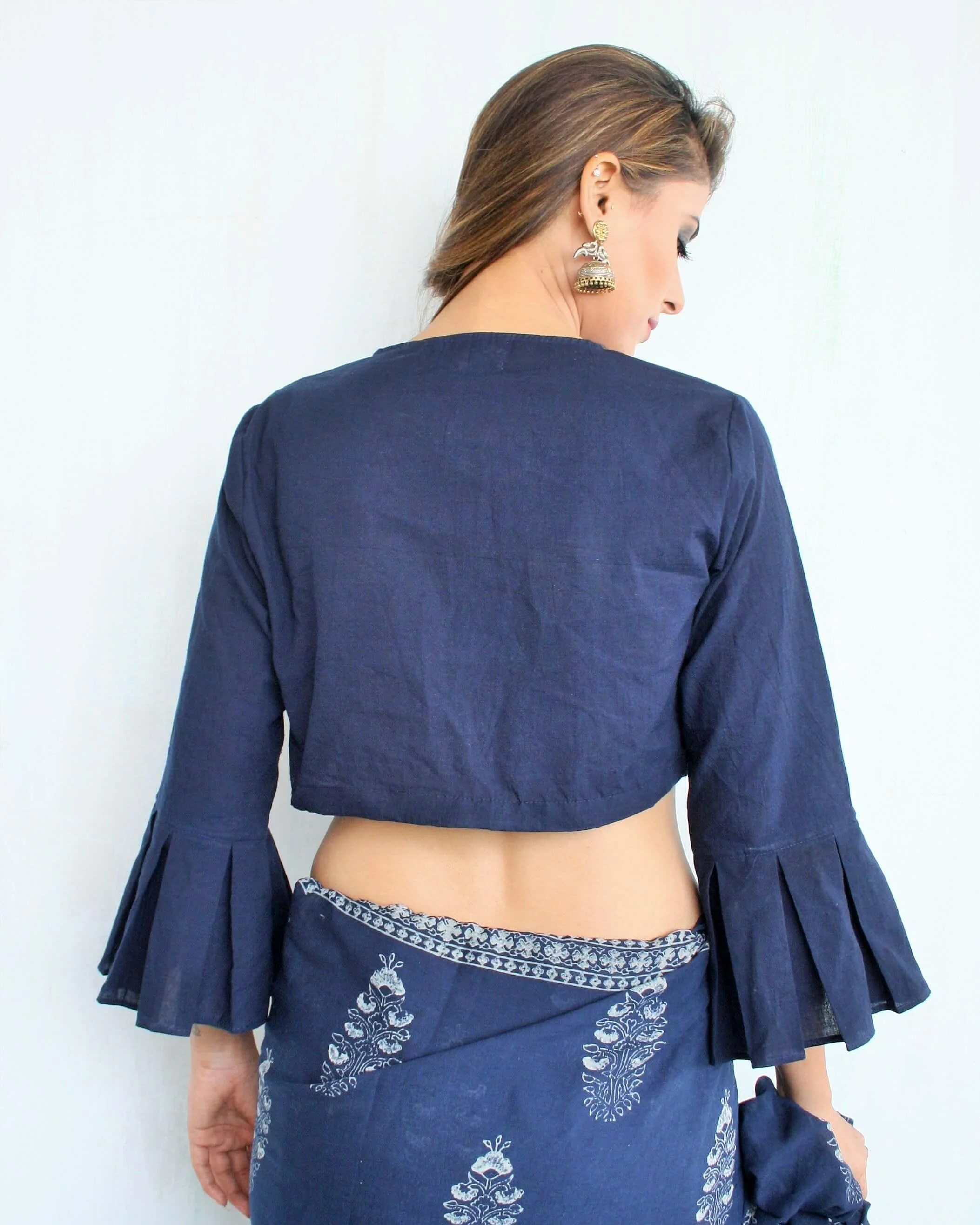 Blue Cotton Crop Top Blouse With Bell Sleeves - Image 4
