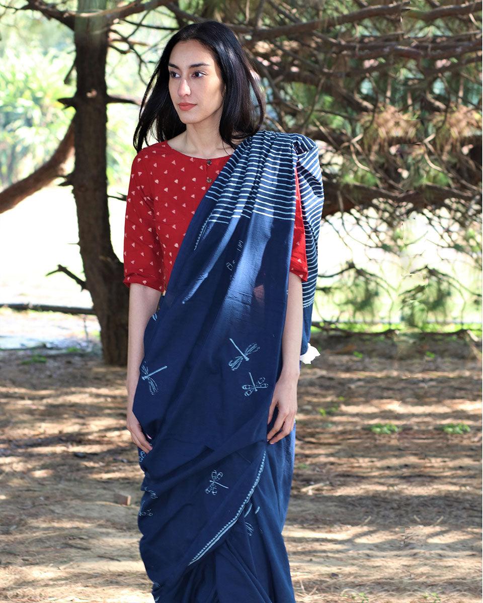 Dragonfly Flight Hand Blockprinted Cotton Saree - Image 7