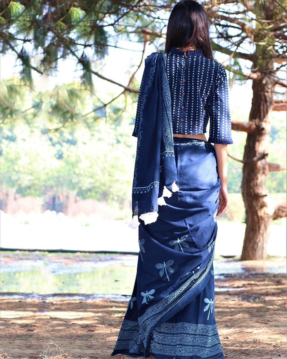 Dragonfly Meadow Blue Hand Blockprinted Cotton Saree - Image 2
