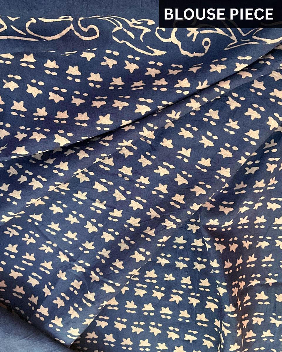 Dragonfly Meadow Blue Hand Blockprinted Cotton Saree - Image 4