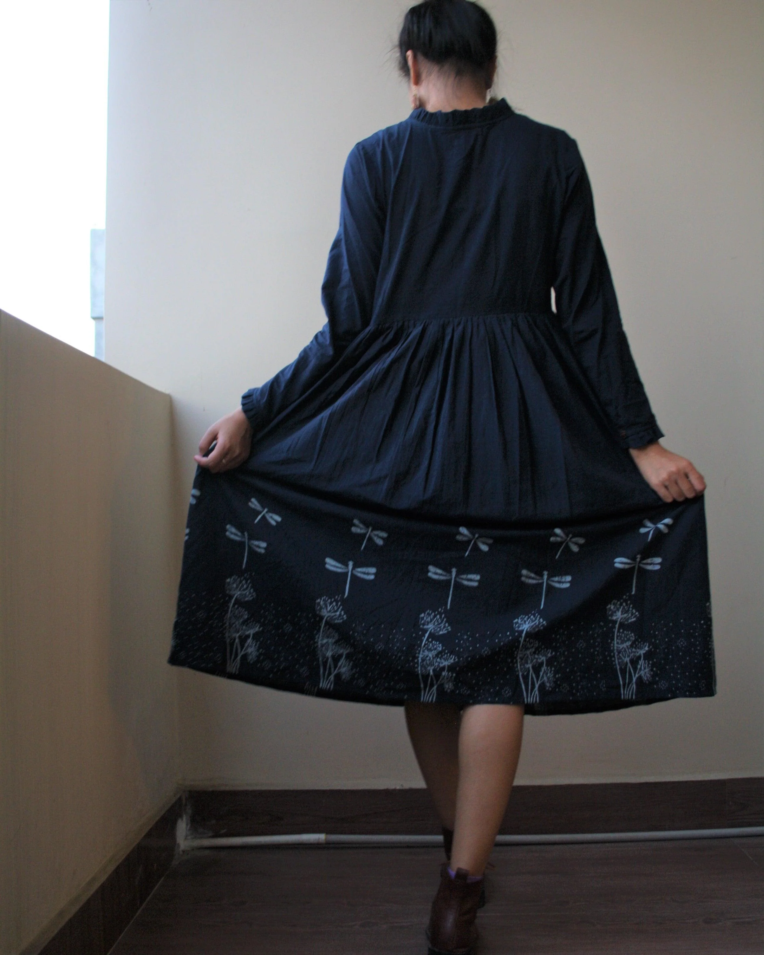 Blue Dragonfly Blockprinted Cotton Dress - Image 4
